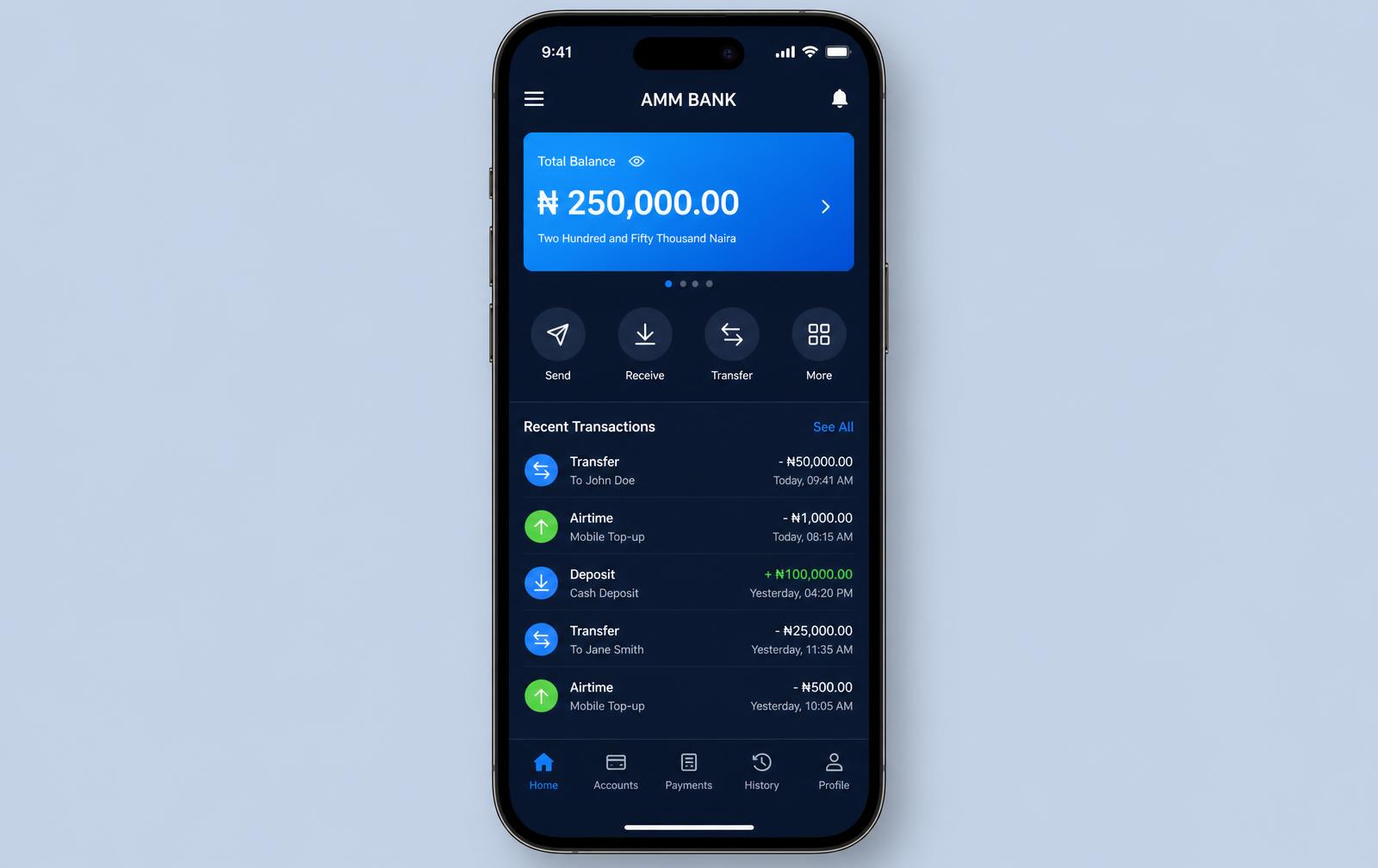 AMM Bank digital banking application shown on a mobile phone mockup